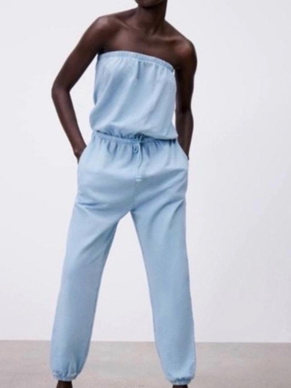 Zara Blue Strapless Jumpsuit with Drawstring Waist